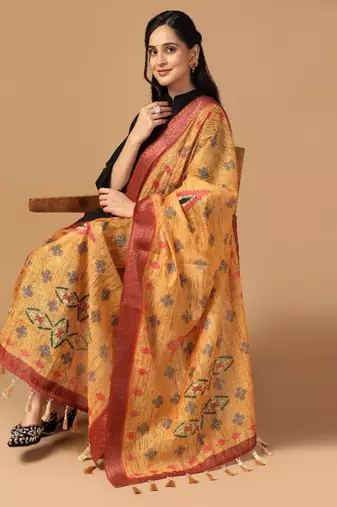 Digital Ethnic Motif Print Chanderi Cotton Zari Embroadery Work Regular Dupatta Wear on Kurti For Women and Girls