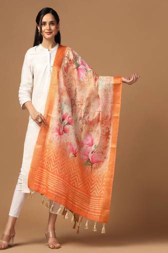 Digital Ethnic Motif Print Chanderi Cotton Zari Embroadery Work Regular Dupatta Wear on Kurti For Women and Girls