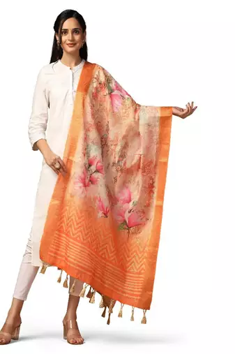 Digital Ethnic Motif Print Chanderi Cotton Zari Embroadery Work Regular Dupatta Wear on Kurti For Women and Girls