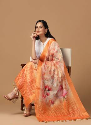 Digital Ethnic Motif Print Chanderi Cotton Zari Embroadery Work Regular Dupatta Wear on Kurti For Women and Girls 5