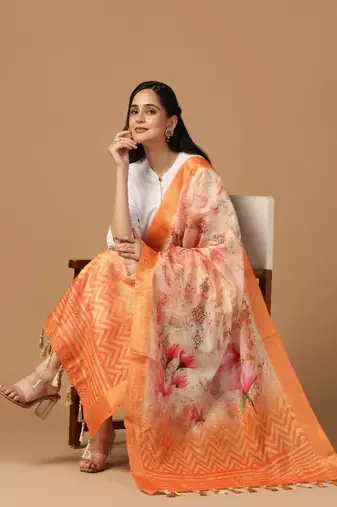 Digital Ethnic Motif Print Chanderi Cotton Zari Embroadery Work Regular Dupatta Wear on Kurti For Women and Girls