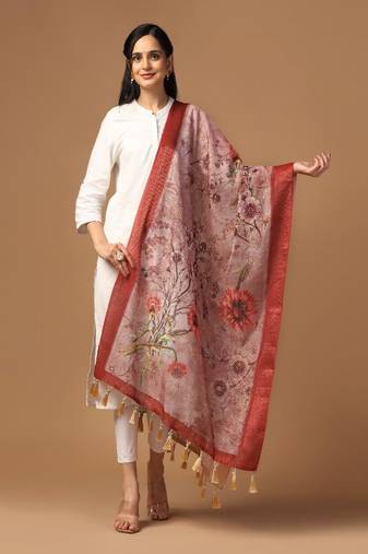 Digital Ethnic Motif Print Chanderi Cotton Zari Embroadery Work Regular Dupatta Wear on Kurti For Women and Girls