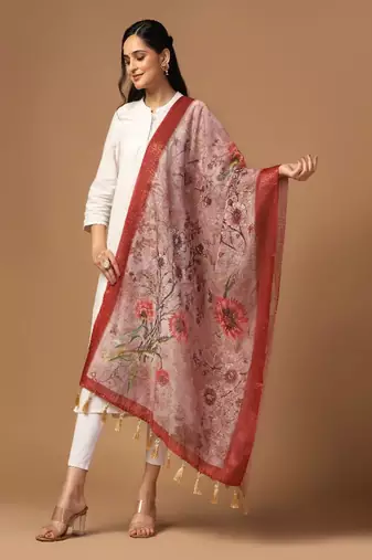 Digital Ethnic Motif Print Chanderi Cotton Zari Embroadery Work Regular Dupatta Wear on Kurti For Women and Girls