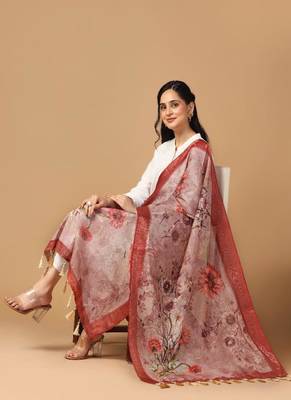 Digital Ethnic Motif Print Chanderi Cotton Zari Embroadery Work Regular Dupatta Wear on Kurti For Women and Girls 5