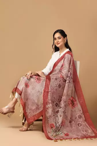 Digital Ethnic Motif Print Chanderi Cotton Zari Embroadery Work Regular Dupatta Wear on Kurti For Women and Girls