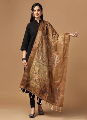 Digital Ethnic Motif Print Chanderi Cotton Zari Embroadery Work Regular Dupatta Wear on Kurti For Women and Girls 3