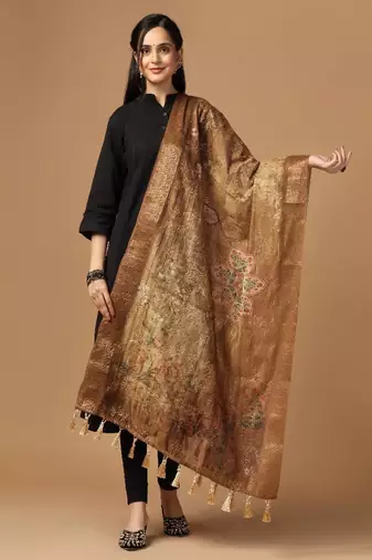 Digital Ethnic Motif Print Chanderi Cotton Zari Embroadery Work Regular Dupatta Wear on Kurti For Women and Girls