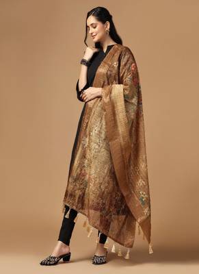 Digital Ethnic Motif Print Chanderi Cotton Zari Embroadery Work Regular Dupatta Wear on Kurti For Women and Girls 5