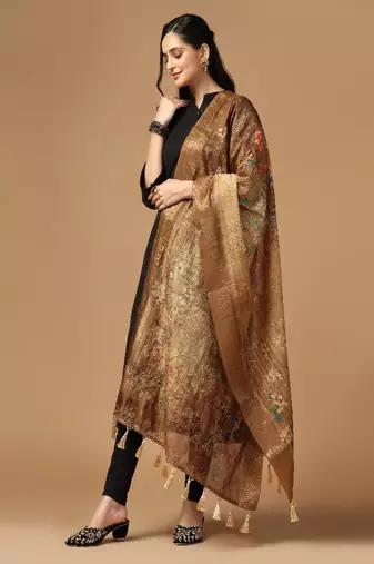 Digital Ethnic Motif Print Chanderi Cotton Zari Embroadery Work Regular Dupatta Wear on Kurti For Women and Girls