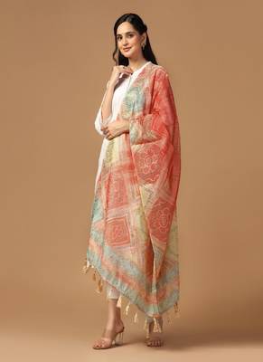 Digital Ethnic Motif Print Chanderi Cotton Zari Embroadery Work Regular Dupatta Wear on Kurti For Women and Girls 4
