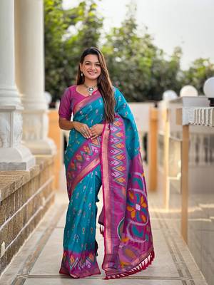 Blue Ikat Weaving Art Silk Saree 1