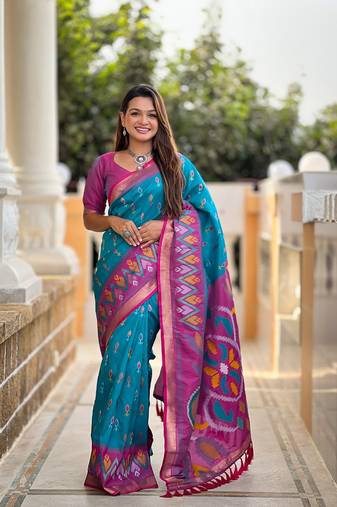Blue Ikat Weaving Art Silk Saree