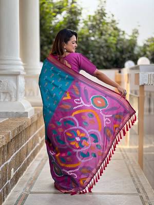 Blue Ikat Weaving Art Silk Saree 2