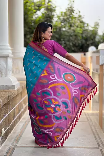 Blue Ikat Weaving Art Silk Saree
