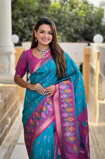 Blue Ikat Weaving Art Silk Saree