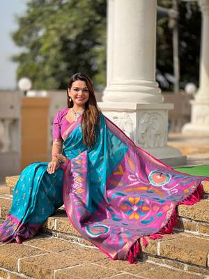 Blue Ikat Weaving Art Silk Saree 4