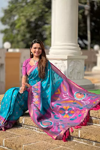 Blue Ikat Weaving Art Silk Saree