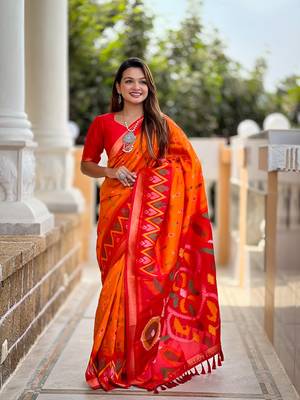 Orange Ikat Weaving Art Silk Saree 1