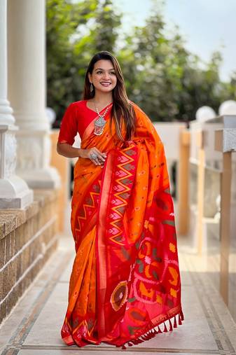 Orange Ikat Weaving Art Silk Saree