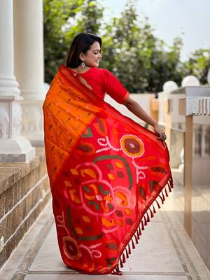 Orange Ikat Weaving Art Silk Saree 2