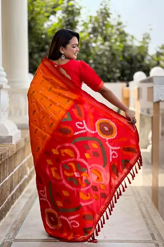 Orange Ikat Weaving Art Silk Saree