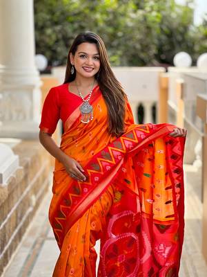 Orange Ikat Weaving Art Silk Saree 3