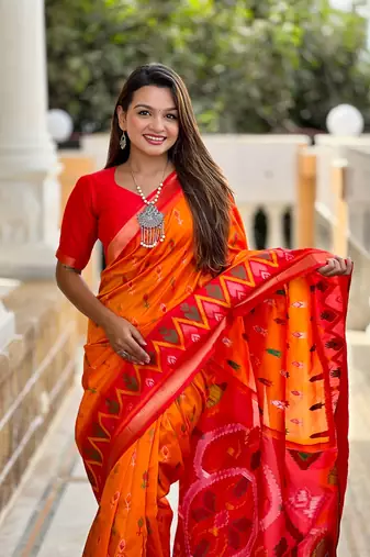 Orange Ikat Weaving Art Silk Saree