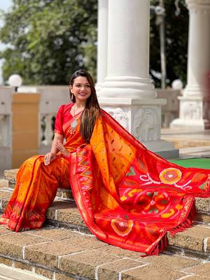 Orange Ikat Weaving Art Silk Saree 4