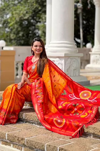 Orange Ikat Weaving Art Silk Saree