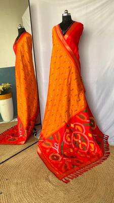 Orange Ikat Weaving Art Silk Saree 5