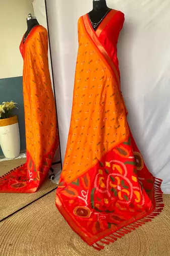 Orange Ikat Weaving Art Silk Saree