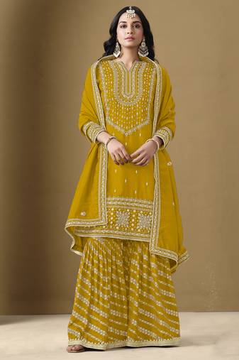 Yellow art silk embroidered designer Sharara suit