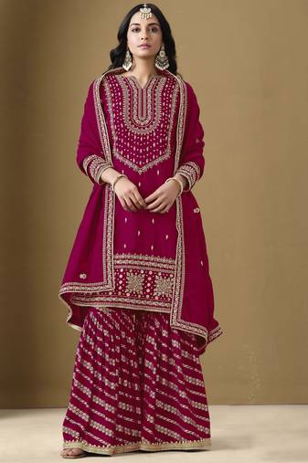 Rani pink art silk embroidered designer Sharara suit