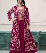 Wine faux georgette embroidered western Palazzo suit