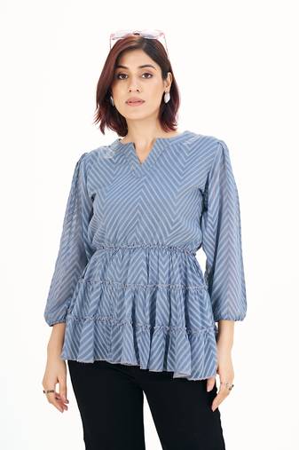 Blue self-textured puff sleeve empire top with layered detail
