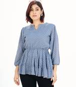 Blue self-textured puff sleeve empire top with layered detail