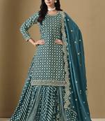 Turquoise art silk embroidered Straight Suits suit