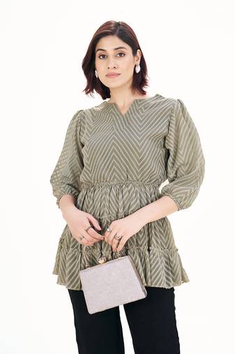 Grey self-textured puff sleeve empire top with layered detail
