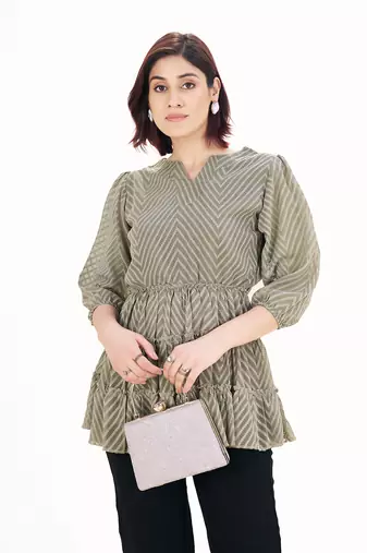 Grey self-textured puff sleeve empire top with layered detail