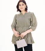 Grey self-textured puff sleeve empire top with layered detail