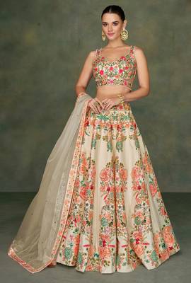 Cream Embroidery and Print Art Silk Lehenga Choli 1