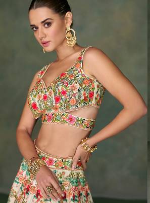 Cream Embroidery and Print Art Silk Lehenga Choli 2
