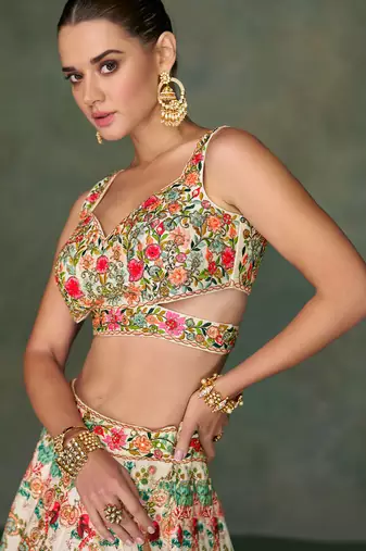Cream Embroidery and Print Art Silk Lehenga Choli