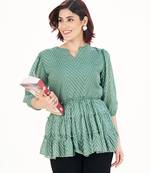 Green self-textured puff sleeve empire top with layered detail