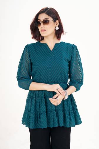 Teal self-textured puff sleeve empire top with layered detail