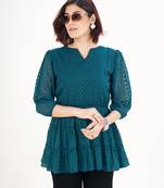 Teal self-textured puff sleeve empire top with layered detail