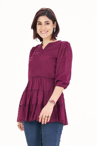 Wine self-textured puff sleeve empire top with layered detail