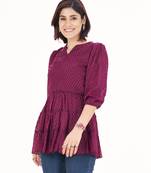 Wine self-textured puff sleeve empire top with layered detail
