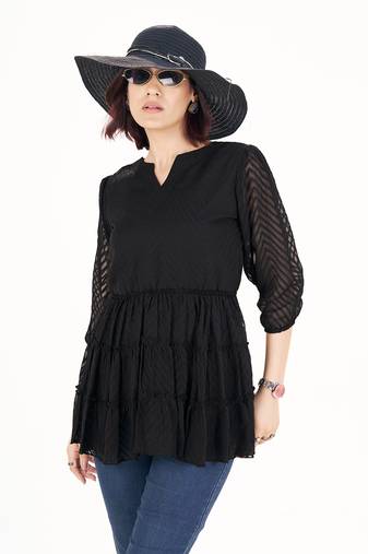 Black self-textured puff sleeve empire top with layered detail