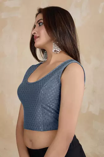 Trendmalls Cotton Lycra Stretchable Comfy Round Neck Elbow Sleeves Saree Blouse Readymade
